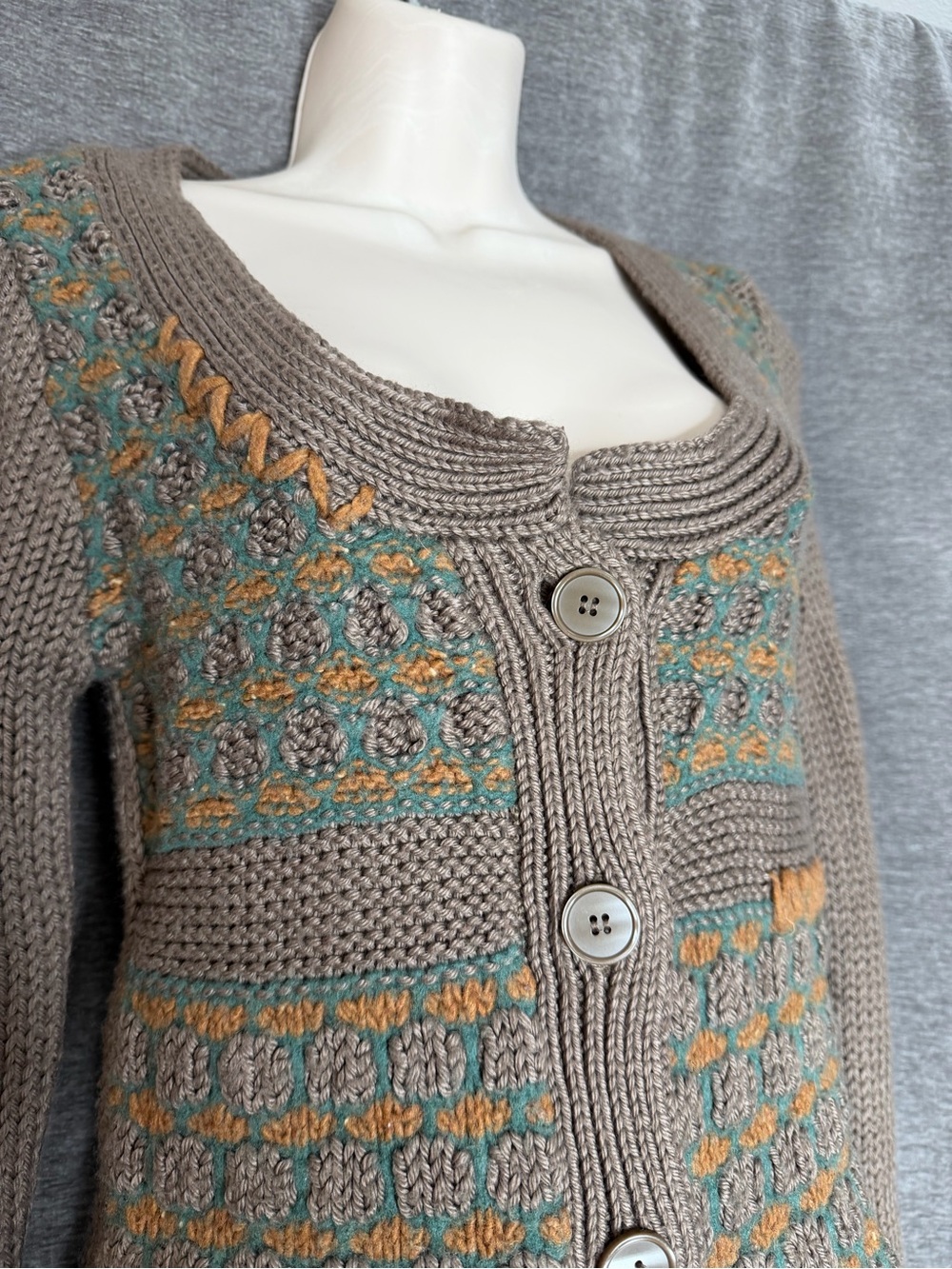BKE Taupe Knit Cardigan with Teal and Mustard Accents